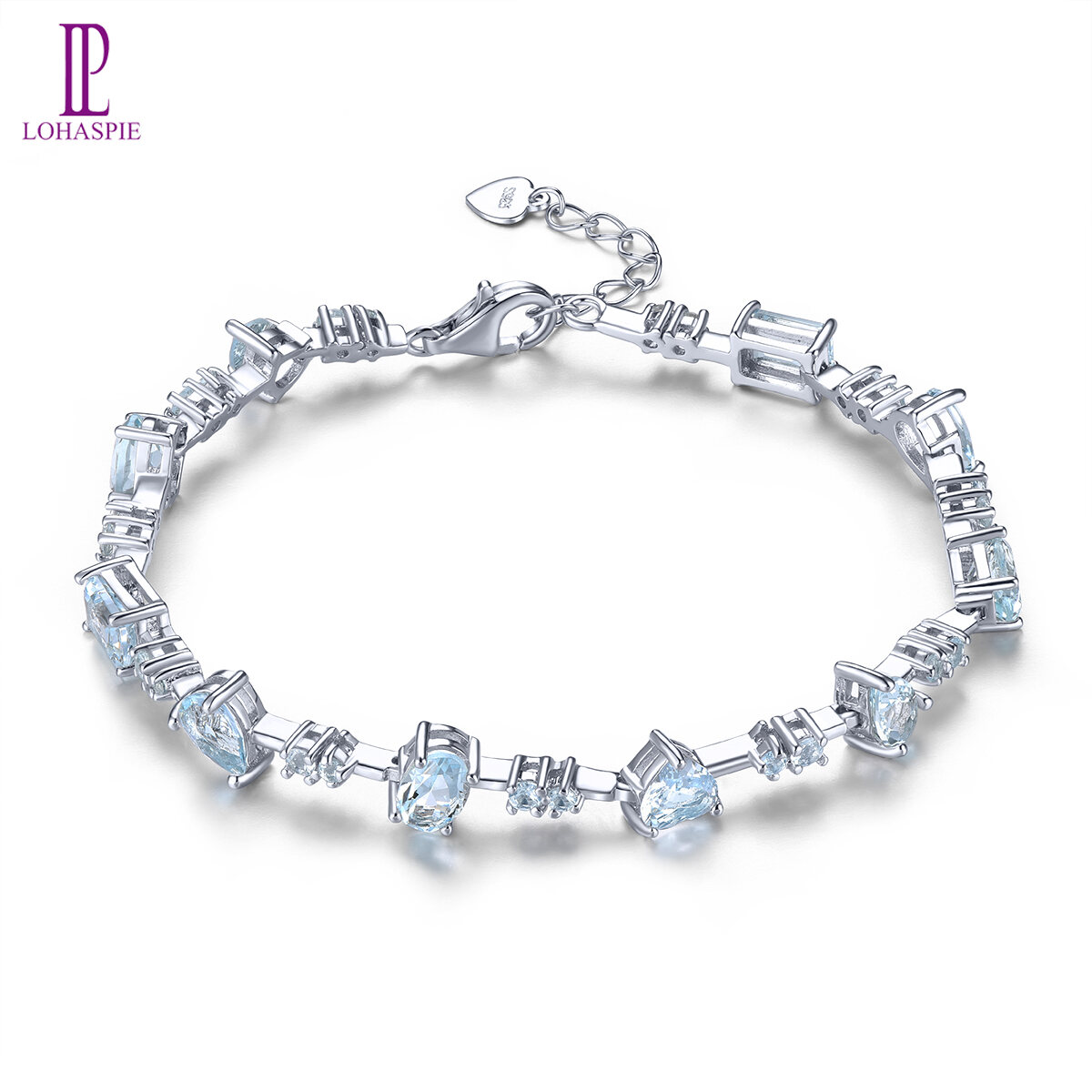 Lohaspie Jewelry Genuine 4.5 Carats Sterling Silver 925 Original Natural Aquamarine Bracelet Light Blue Gemstone Aquamarine Bracelet For Women Birthstone Jewelry