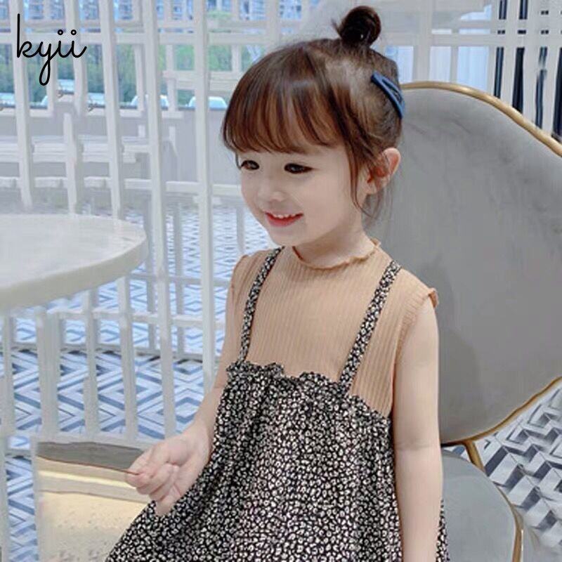 KYII Kids Girls Summer Round-neck Dress Sleeveless Casual Loose Dress kyii0210