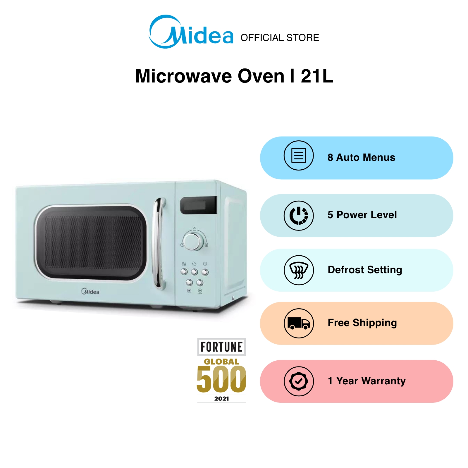 Midea AM820C2RA Light Retro Green Quick Defrost Microwave Oven, 21L